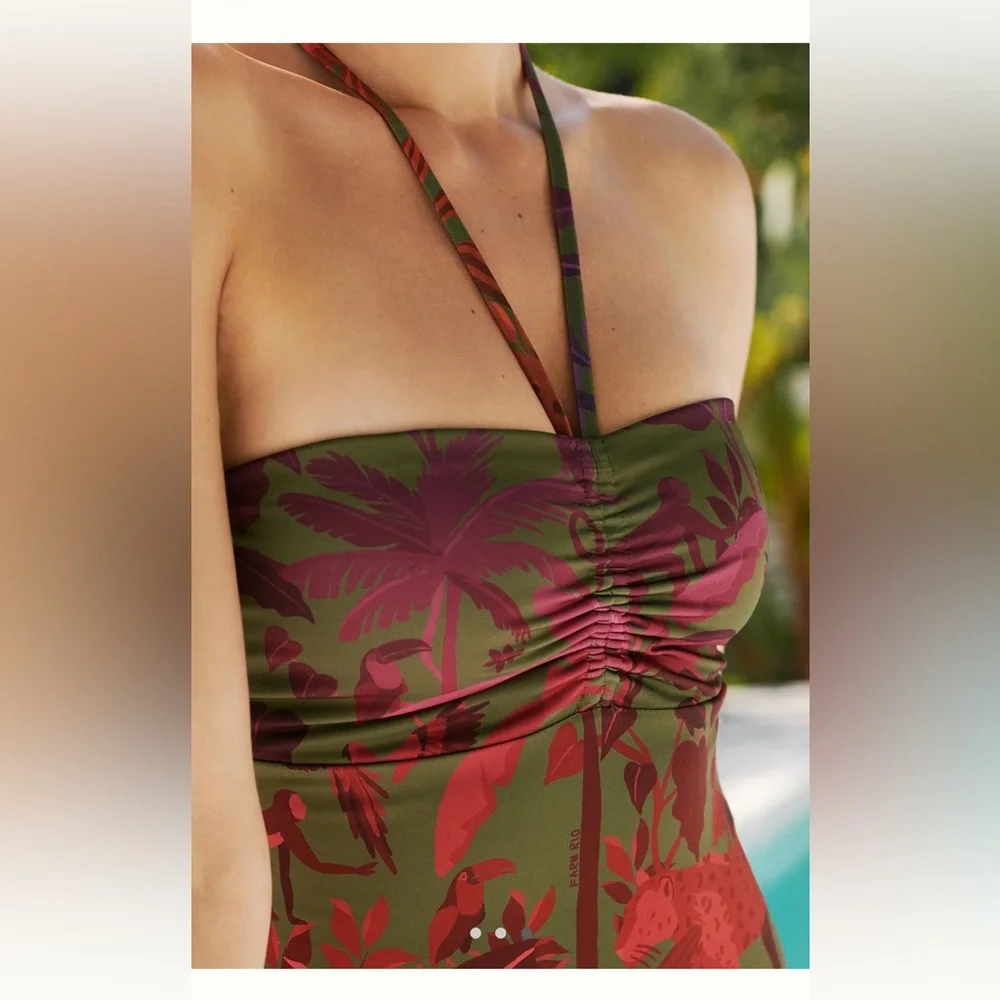 Farm Rio NWT Sz SM Brazilian design Halter one -piece swimsuit; jungle pattern. - Picture 3 of 13